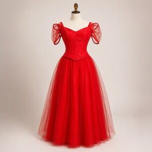 Vintage 80s Prom Dress 7/8 Red Corset Tulle Ball Gown Princess Romantic Goth 90s